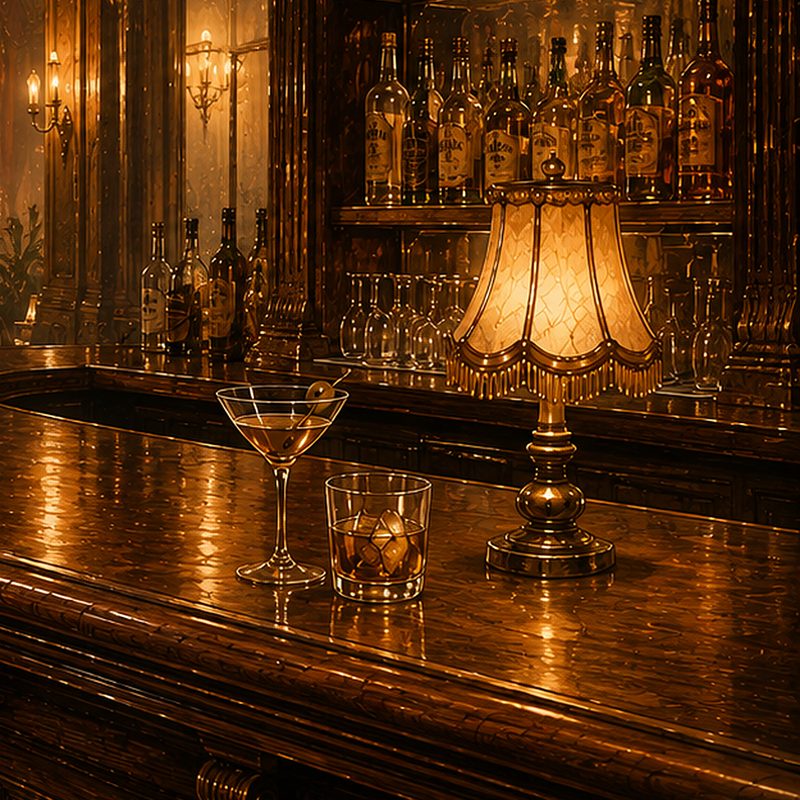The bar at closing time: a martini, a glass of whisky on ice, and a fringed lamp on polished wood.