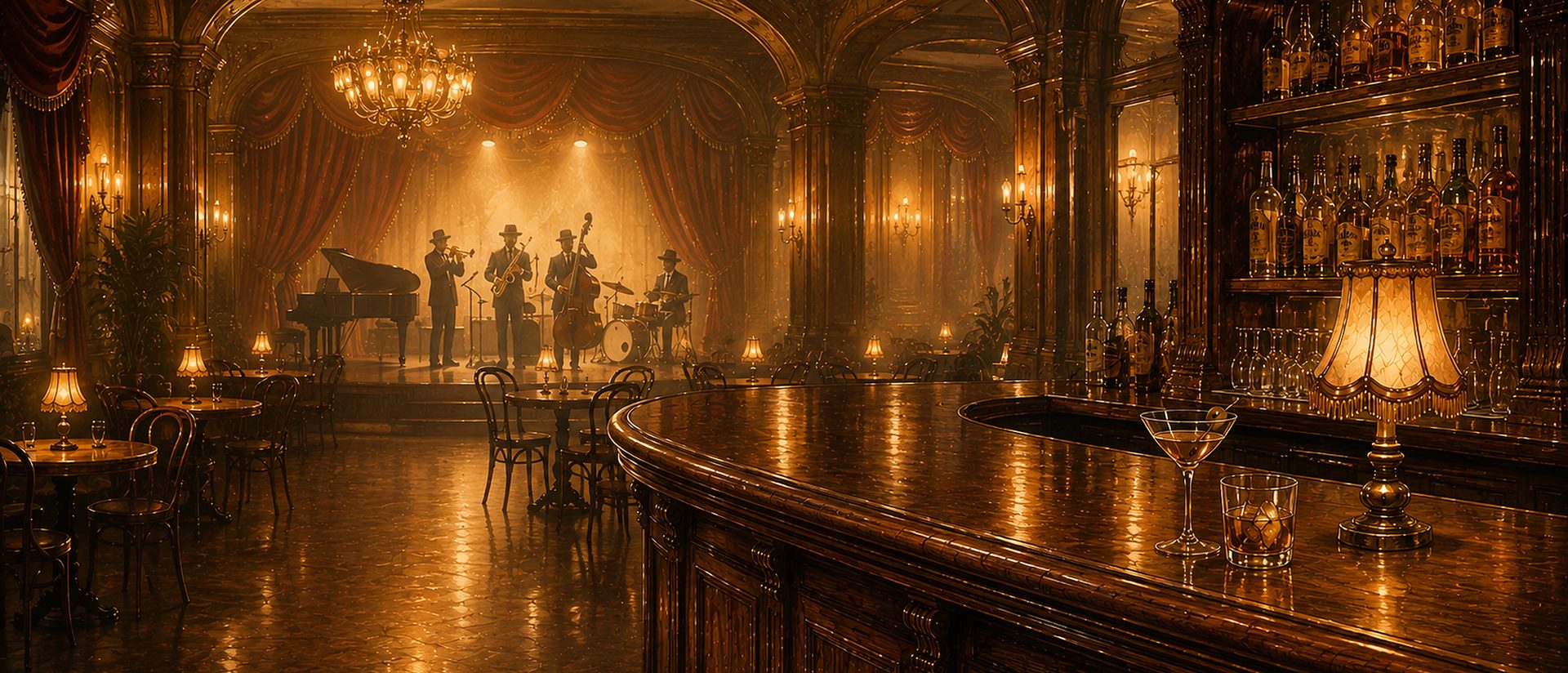 A warm, empty jazz club at night: a long polished bar, lamplight, and a small band on a lit stage.